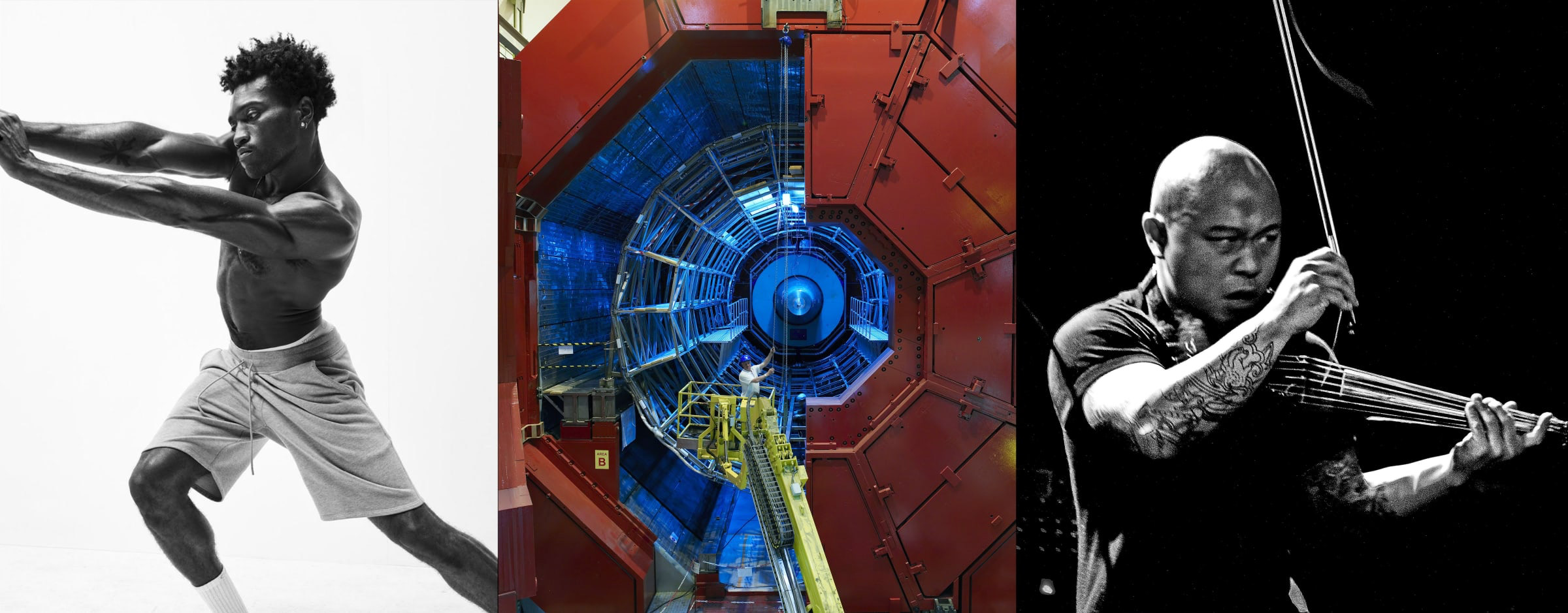 An experimental performance April 8 will combine dance, music and video footage from CERN that has been mathematically manipulated. Image credits, left to right: Mario Sorrenti, CERN, Max Sequeira.